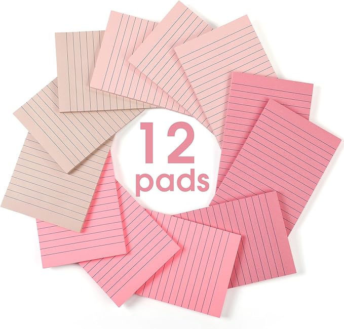 12 Pads Pink Boho Sticky Notes 4x6 with Line, Lined Self Stick Notes Pads Boho Office Supplies, Vintage Aesthetic School Accessories 50 Sheets/pad