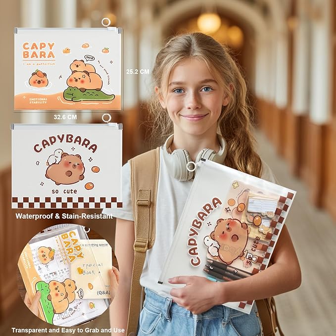 School Supplies Cute Stationery Set Back to School Capybara Pencil Case,Canvas Bag,6 Gel Pens,4 File Pockets,3 Glue Sticks,6 Mechanical Pencils, Perfect Easter Christmas Birthday Gifts for Children