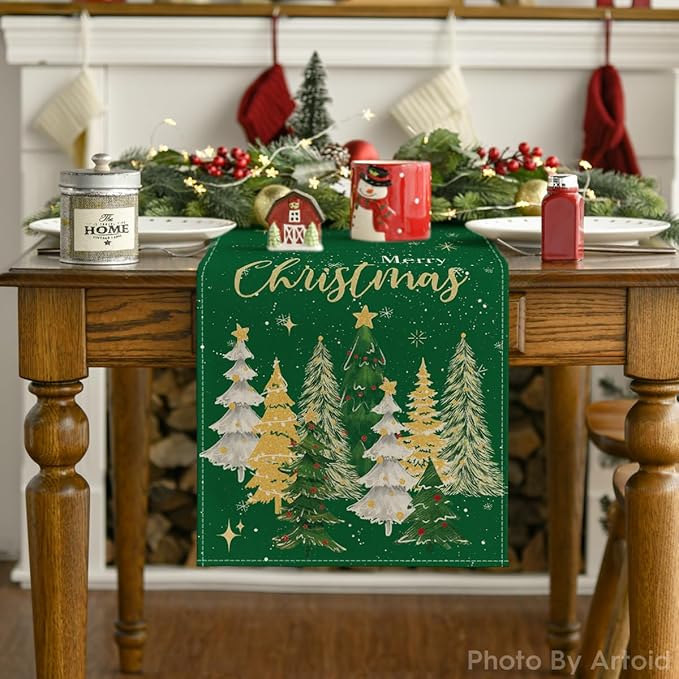 Artoid Mode Xmas Trees Merry Christmas Table Runner, Seasonal Winter Green Kitchen Dining Table Decoration for Home Party Decor 13x72 Inch
