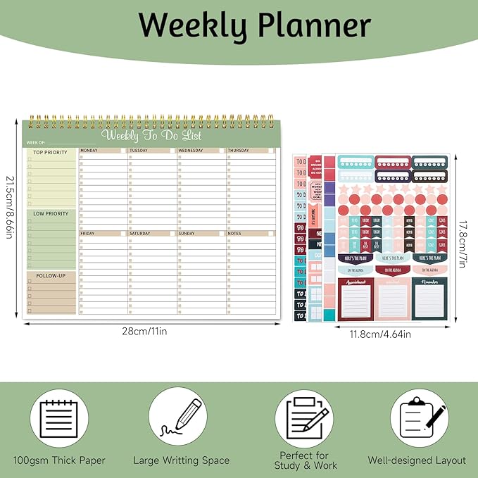 Weekly To Do List Notepad, 8.5''x11'' Weekly Desk Planner with 52 Tear Off Sheets Undated Weekly Planner Habit Tracker & Productivity Organizer for Home School and Work, Light Green