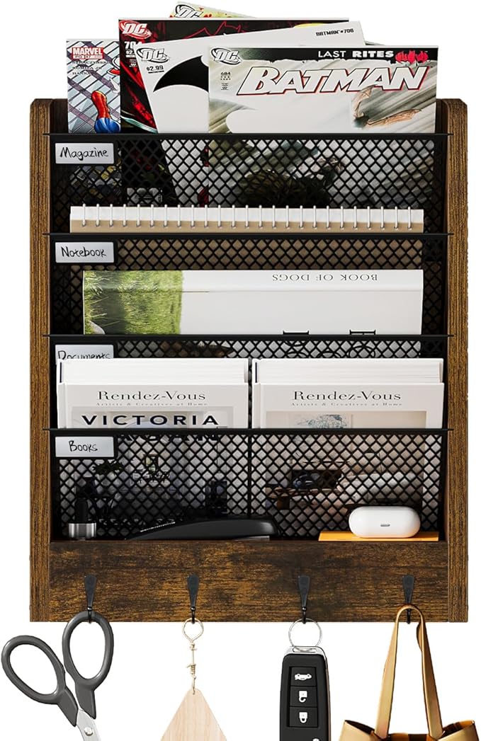 Wall File Organizer with 4 Hooks,5 Tier Vertical Hanging Wall Mount File Holder,Desk File Organizer,Desktop Mail Paper Folder Holder Rack with Bottom Tray for Office and Home