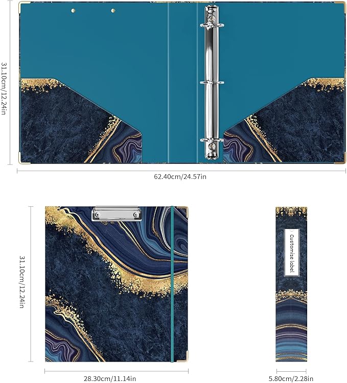 Ospelelf 3 Ring Binder, 1.5 Inch, Letter Size (11" x 8.5") with 5 Tab Dividers, File Folder Labels and Low Profile Clipboards, Blue Marble Binder for School and Office Supplies