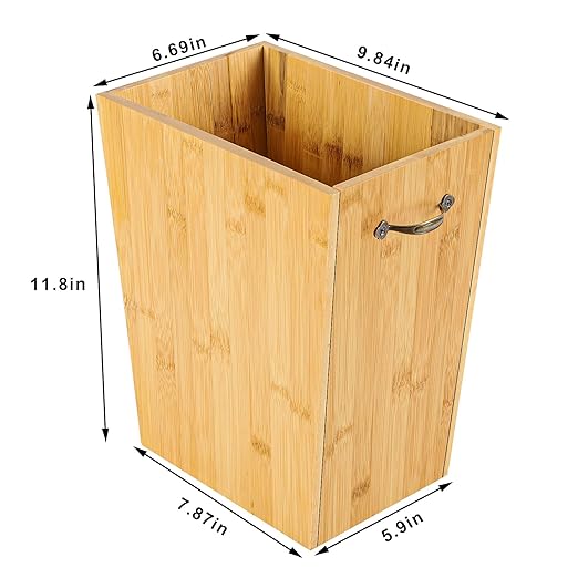 SEHERTIWY Wood Trash Can, Farmhouse Wastebasket Bin for Bathroom, Office, Bedroom, Living Room, Small Square Rustic Garbage Container with Metal Handle (Wood-Black-Handle)