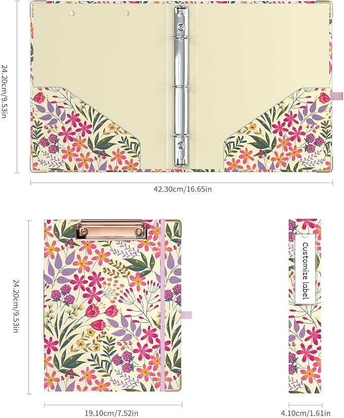 Ospelelf Mini 3 Ring Binder, 1 Inch, Cute Floral Binder for 5.5" x 8.5" with 5 Tab Dividers, File Folder Labels and Low Profile Clipboards