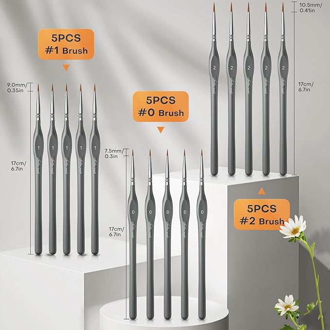 Golden Maple Miniature Paint Brushe 15pcs - Micro Detail Paint Brush Set, Small Fine Model Brushes for Acrylic, Watercolor & Paint by Number, Figurine - Gray, Size 0 1 2