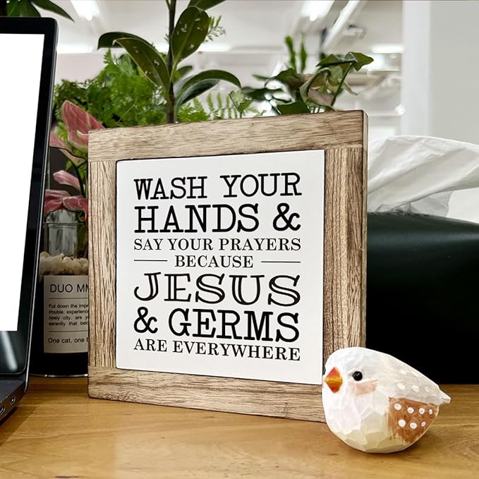 Christian Bathroom Sign, Wash Your Hands and Say Your Prayers Because Jesus and Germs are Everywhere, Wooden Box Signs for Home Decor, Bathrooms Decors Tabletop, Bathroom Box Sign B6-103