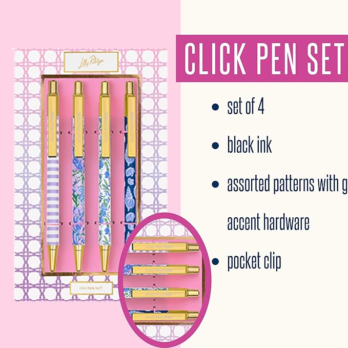 Lilly Pulitzer Black Ink Pen Set of 4, Retractable Pens for Home or Office, Colorful Plastic Click Pens, (Assorted)