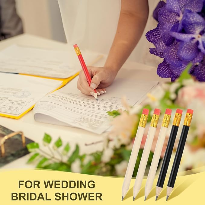 MECCANIXITY Golf Pencils with Erasers, 4" HB Mini Half Pencils Pre Sharpened Small Pens for Wedding Bridal Shower Game Office Writing Drawing(Wood Color/Black, Pack of 50)