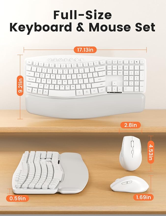 White Wireless Keyboard and Mouse Combo for MacBook & Windows, 30dB Quiet Ergonomic Keyboard Set with Wave Keys & Soft Palm Rest, Silent Typing, Dual-System Switch, Ideal for Home Office—Sablute