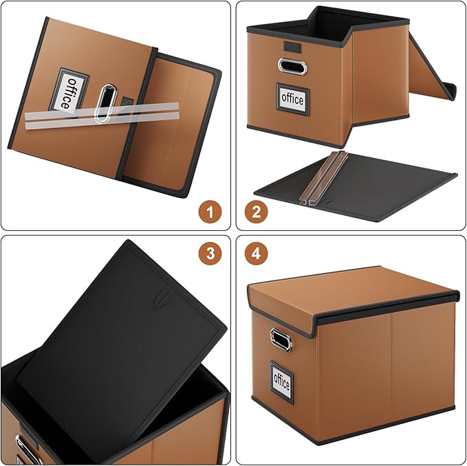 Huolewa File Organizer Boxes with Lids, Collapsible Faux Leather Hanging File Folder Box Organizer with Plastic Slide, Decorative Home/Office Filing System Boxes for File and Folders Storage