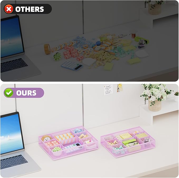 Marbrasse 2 Pack Desk Drawer Organizer, Mesh Drawer Organizer Tray with 8 Adjustable Compartments, Desk Organizers and Accessories, 5 Dividers Drawer for Office Supplies, Makeup & Vanity (Purple)