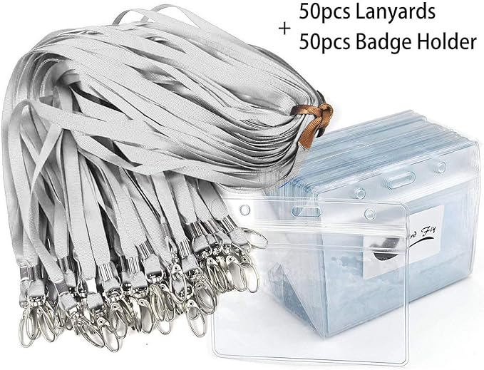 Lanyard with ID Holder 50 Pcs Waterproof Name Tag Badge ID Card Holders ID Pass Holder and 50 Pcs Flat Neck Lanyards Swivel Hook (Gray, Horizontal)
