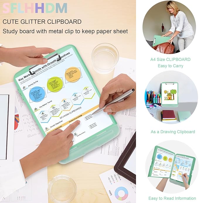 Clipboard with Storage,Storage Clipboard with Pen Holder, A4 Binder Clip Boards 8.5x11 with Low Profile Clip,Side Opening Nursing Clipboards, Clipboards Folder for Office Supplies-Grassy Green