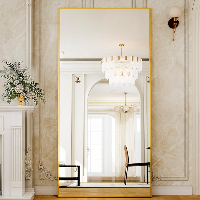 GLSLAND-38 x 77" Rectangular Full Length Mirror - Large Floor Mirrors Aluminum Alloy Frame Full Body Dressing Mirror for Bedroom, Living Room,Gold
