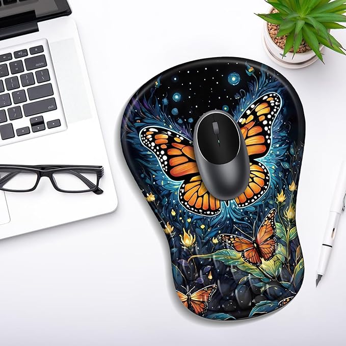YIWEI Ergonomic Mouse Pad with Wrist Rest Support, Mousepad with Comfortable Memory Foam Wrist Rest and Non-Slip PU Base for Pain Relief, Computer, Laptop, Office, Home (Butterfly)