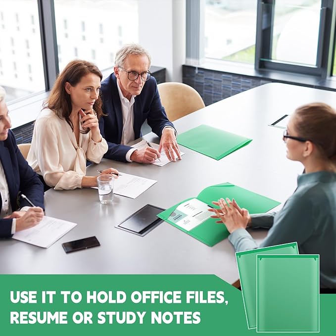 Henoyso 60 Pcs Plastic Folders with Clear Front Pockets Heavy Duty File Folders with 2 Pockets and Card Slot for Student Communication School Office Presentation Report (Green)