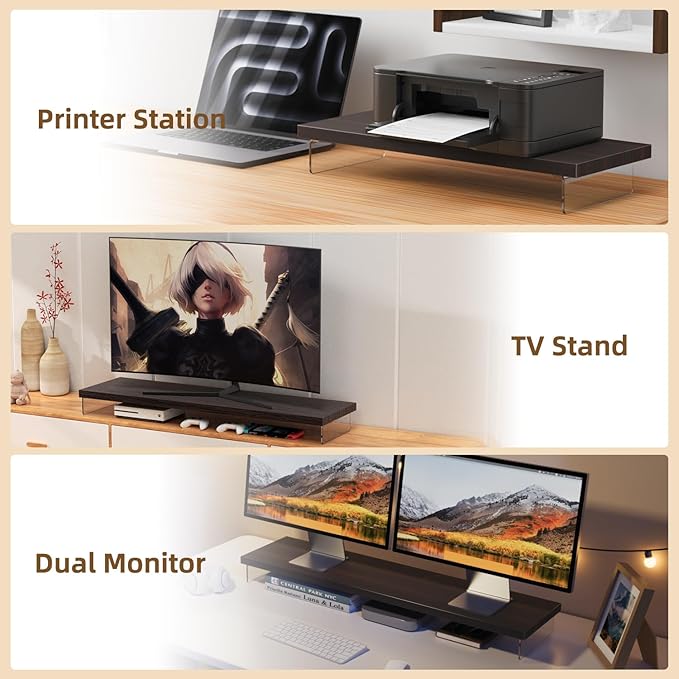 Monitor Stand Riser, Wood & Acrylic Computer Monitor Stand Desk Desktop Organizer Table for Home, Office Workspace, Laptop Riser, Printer, PC & TV Screen Riser