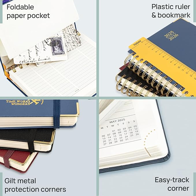 POPRUN Pocket Planner 2025-2026 (Spiral Hardcover - 4''x 6.25''), Daily Weekly and Monthly (July 2025 - June 2026) with Hourly Time Slots, for Purse, 100 GSM - Midnight Green