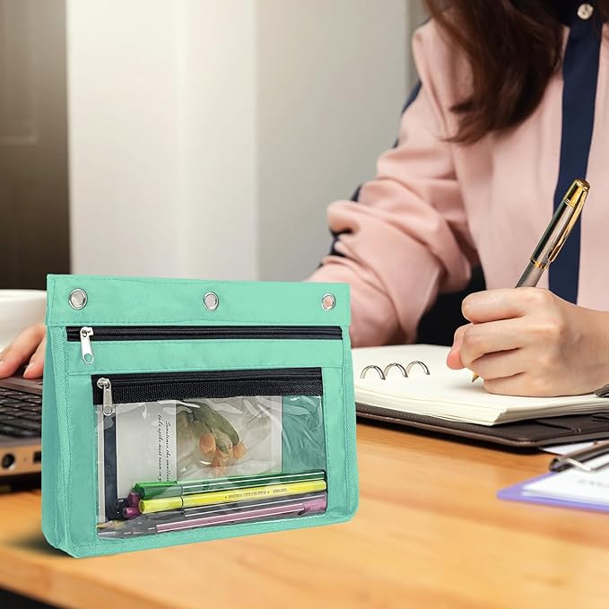 YoeeJob 1 Pack Pencil Pouch for 3 Ring Binder, Expandable Binder Pouches with Zipper, Large Capacity Pen Holder Case with Clear Window School Class Office Organizers, Lake Blue