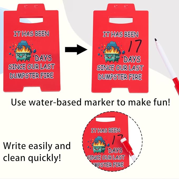 Funny Dumpster Fire Desk Sign – Writable Countdown Sign for Office Desk Decor, Red Triangular Plastic Sign for Workspaces, Colleagues, Boss Gifts
