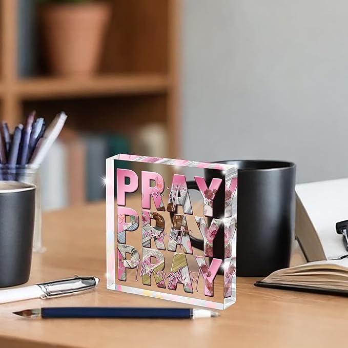 Religious Gifts for Women, Pink Inspirational Decor Pray Over It Bible Verse Art Christian Gifts, 4x 4 Inches Office Desk Accessories Decor Sign