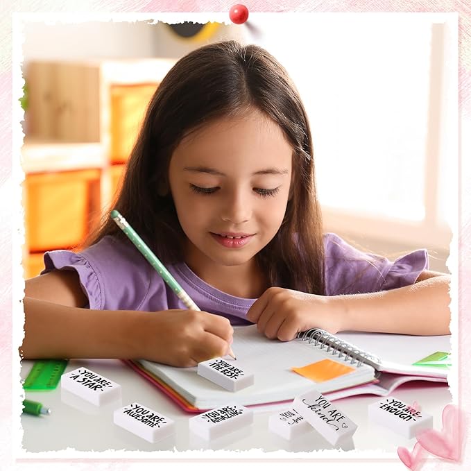 PerKoop 50 Pcs Back to School Inspirational Small Pencil Erasers Bulk for Kids, White Cute Fun Motivational Erasers Gifts for Teachers Students Classroom Reward First Day of School Supplies