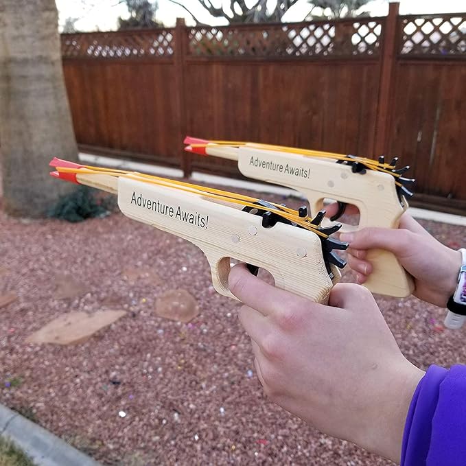 Adventure Awaits - 2-Pack Rubber Band Gun - Quality Wood & Handmade w/Orange Safety Tip - Easy Load - 20 Rubber Bands per Set