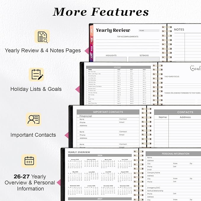 Oucaru 2026 Planner, Weekly and Monthly Planning Calendar, Jan 2026 - Dec 2026, 8.5" x 11", Spiral Bound, 12 Habit Trackers & Monthly Tabs, 2 Storage Pockets, Perfect for Office Home School Supplies