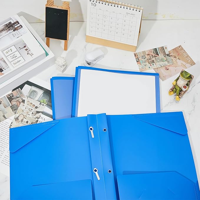 Henoyso 36 Pcs Plastic Folder with Clear Front Pocket and 3 Prong Plastic Folders with Card Slot Pocket Folders with Prongs for School Office (Blue)
