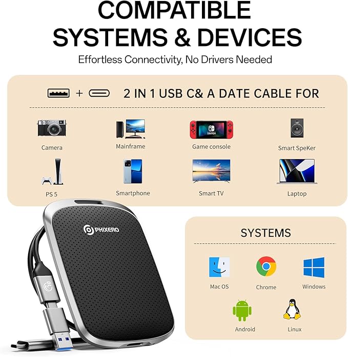 PHIXERO P5PLUS Portable SSD 4TB Up to 550MB/s, USB 3.2 Gen 2 External Solid State Drive,USB C to C&A for Smartphone,Tablet,PC,Labtop (Black)