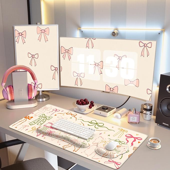 iCasso Desk Pad Mat, Large Mouse Pad and Keyboard Wrist Rest Set, Desk Protector Mat,4in1 Ergonomic Carpal Tunnel Keyboard Pad with Wrist Support for Desktop Home Office Computer (Colorful Ribbon)