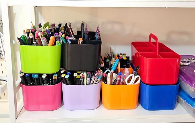 2 Pack Small 6 Compartment Multiuse Caddy Organizer with Handle Art Craft Supplies, Office, Desk, Stationery Pen Holder Stackable- Made In USA (Mint/Gray)