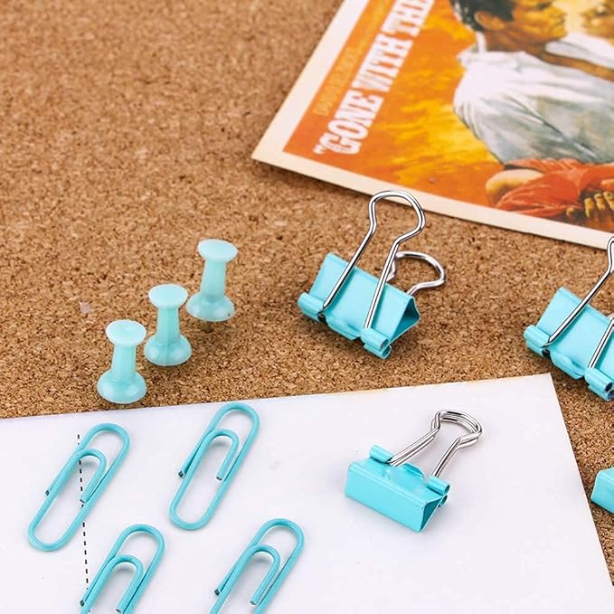 Paper Clips and Binder Clips Set, Metal Assorted Sized Binders with Push Pins, Cute Office Supplies for Desk, Desk Accessories (Green Set of 3)