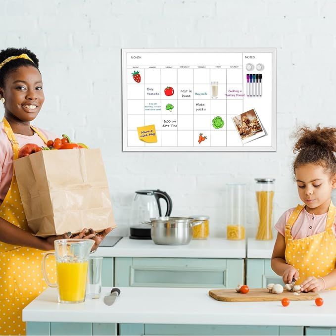 VUSIGN Magnetic Dry Erase Calendar White Board for Wall, 30"x20" Calendar Whiteboard, White Wood Style Frame, Includes 2 Magnets and 5 Markers