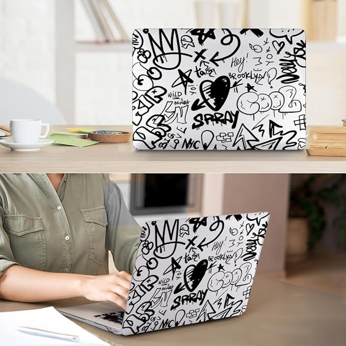 Compatible with MacBook Air 13 inch Case 2022 2021 2020-2018 Release M1 A2337 A2179 A1932 with Touch ID, Hard Print Case + Keyboard Skin + Webcam Cover + Screen Protector, Black Graffiti