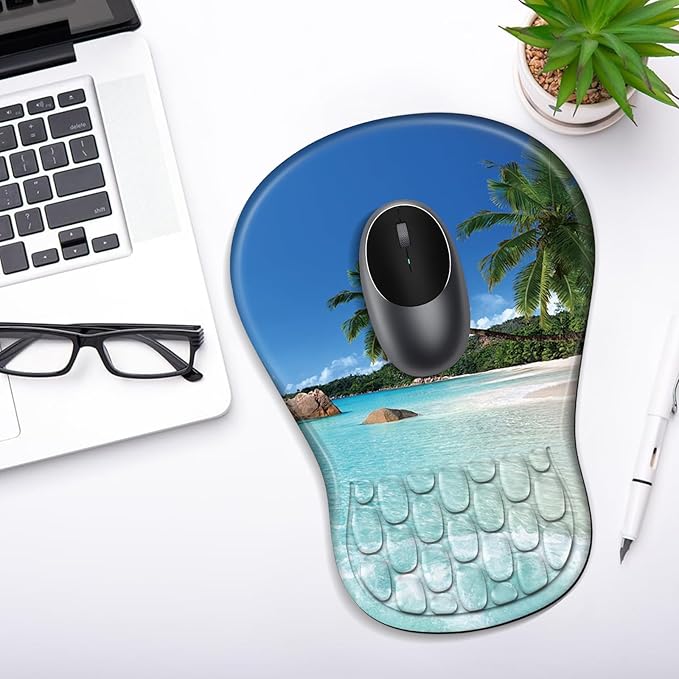 YIWEI Ergonomic Mouse Pad with Wrist Rest Support, Mousepad with Comfortable Memory Foam Wrist Rest and Non-Slip PU Base for Pain Relief, Computer, Laptop, Office, Home (Beach)