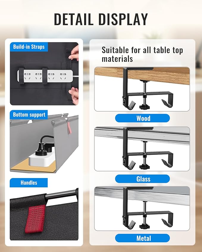 No Drill Cable Management Under Desk, 28" Cord Organizer for Table, Clamp/Screw Mount Cable Tray, Premium Black Fabric Desk Cord Management Tray for Office, Home (Regular (28 in))