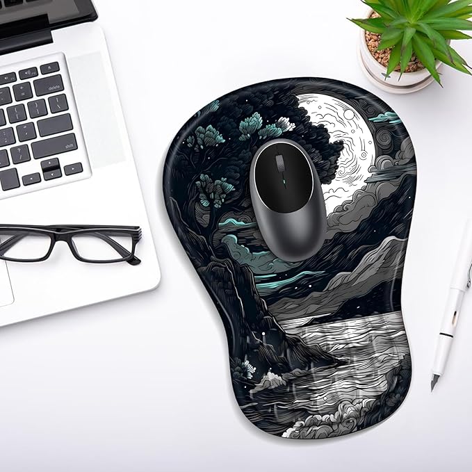 YIWEI Ergonomic Mouse Pad with Wrist Rest Support, Mousepad with Comfortable Memory Foam Wrist Rest and Non-Slip PU Base for Pain Relief, Computer, Laptop, Office, Home (Moon-2)