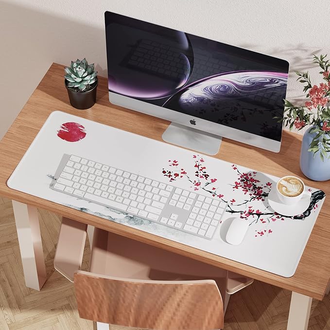 ETZ Japanese Cherry Blossom White Mouse Pad (31.5 × 11.8 × 0.12 inch) Extended Large Mouse Mat Desk Pad, Stitched Edges Mousepad,Non-Slip Rubber Base,Gaming Mouse Pad XL,Office & Home.