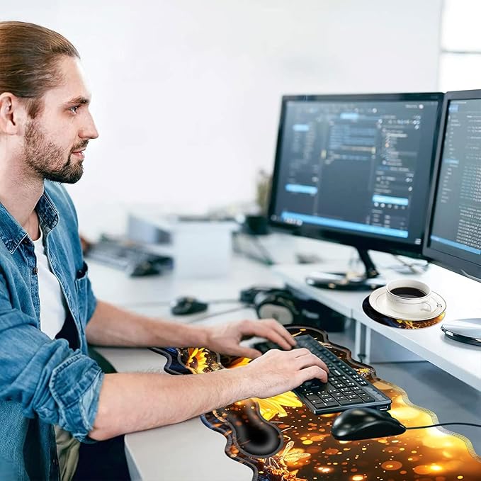 Large Mouse Pad and Keyboard Wrist Rest, Desk Pad for Keyboard and Mouse, 4-in-1 Large Gaming Mouse Pad with Wrist Support, Desk Mat for Home Office Study Game-Sunflower and Butterflies