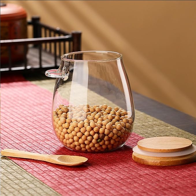 Airtight glass jar storage container with bamboo lid Set of 2, wide mouth, leak-proof, With a spoon, can be used for coffee beans, tea leaves, grains, dried fruits, etc (Small)