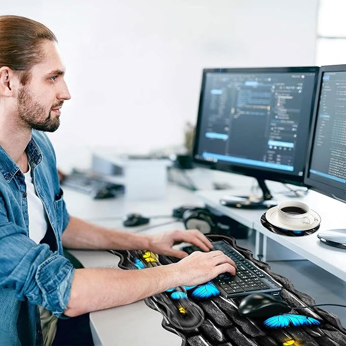 Large Mouse Pad and Keyboard Wrist Rest, Desk Pad for Keyboard and Mouse, 4-in-1 Large Gaming Mouse Pad with Wrist Support, Desk Mat for Home Office Study Game-Blue and Yellow Butterflies