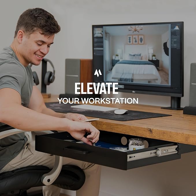 Storage Drawer - Carbon Steel Underdesk Drawer Slide Out, 17.7 x 12 x 4 in, Matte Black - Premium Quality, Ergonomic Organization, Cable Management, Versatile Sizes, Luxe Extras