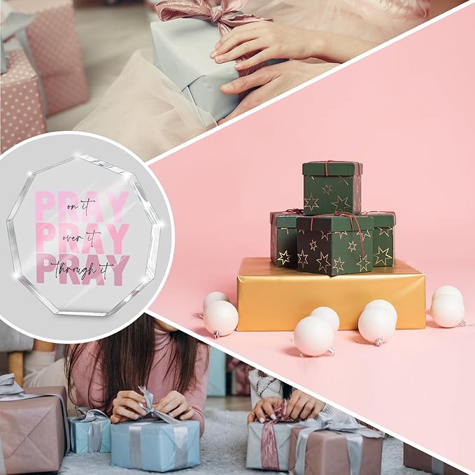 Pink Christian Gifts for Women, Appreciation Gifts for Women, Pink Desk Decorations for Office, Dorm Room Decor, Christian Desk Plaque- Pray on it-Bible Verse Decoration(Nonagon)