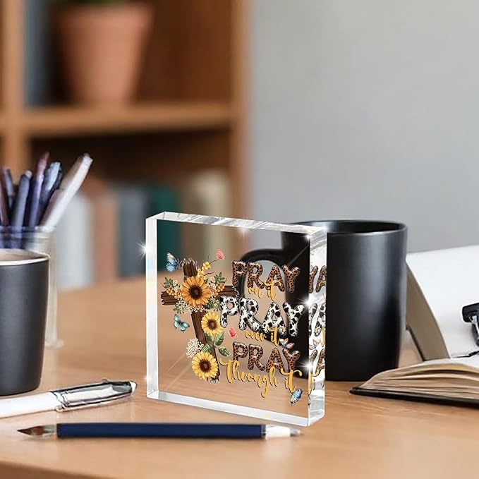 Power in Prayer Inspirational Decor, Pray Over It Bible Verse Wall Art Christian Gifts for Women, Scripture Desk Sign for Modern Home Office Room Bathroom Bedroom Decoration 4x 4 Inches (Leopard)