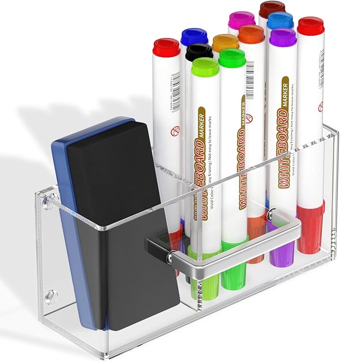 NIUBEE Acrylic Magnetic Pen Holder for Refrigerator, Dry Erase Marker Holder for Whiteboard, Refrigerator, Fridge, Locker, Magnet Pencil Cup Organizer Accessories (with 12 Markers & 1 Eraser)