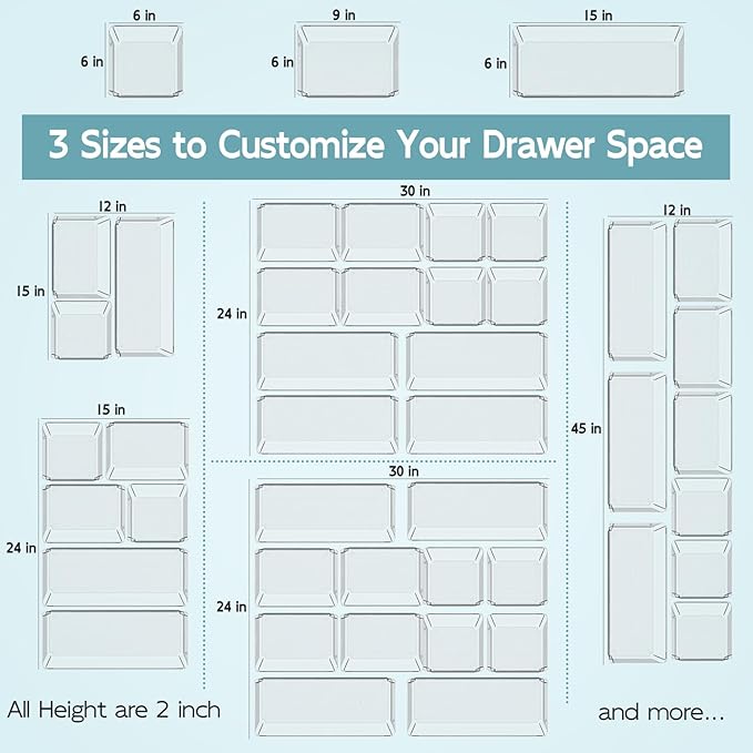 12 Pack Large Clear Plastic Drawer Organizer Trays, Desk Drawer Organizers and Storage Dividers, Non-Slip Storage Bins for Jewelry, Snacks, Office, Bathroom, Bedroom and Kitchen