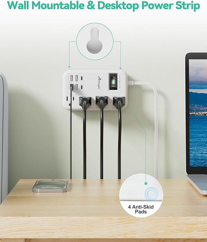 Alitayee 6 USB(2 USB C) Surge Protector Power Strip- Travel Power Strip with 24W USB Charging Station and 4 Extendable Outlet Extender, 6Ft Flat Extension Cord with Wall Mounted for Travel Home Dorm