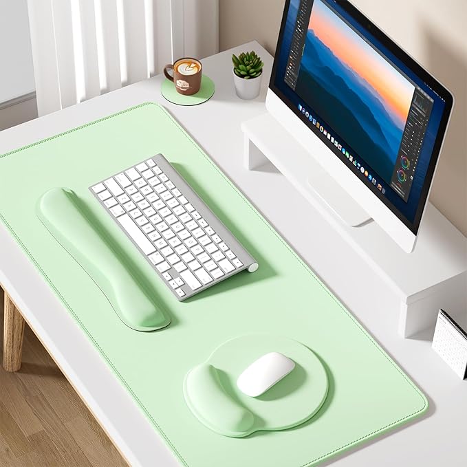 Dapesuom Large Gaming Mouse Pad, Mouse Pads with Wrist Rest Wrist Support, 4in1 XXL Desk Mat Desk Pad + Ergonomic Mousepad + Memory Foam Keyboard Mat Wrist Rest + Coaster Set for Computer, Lake Green