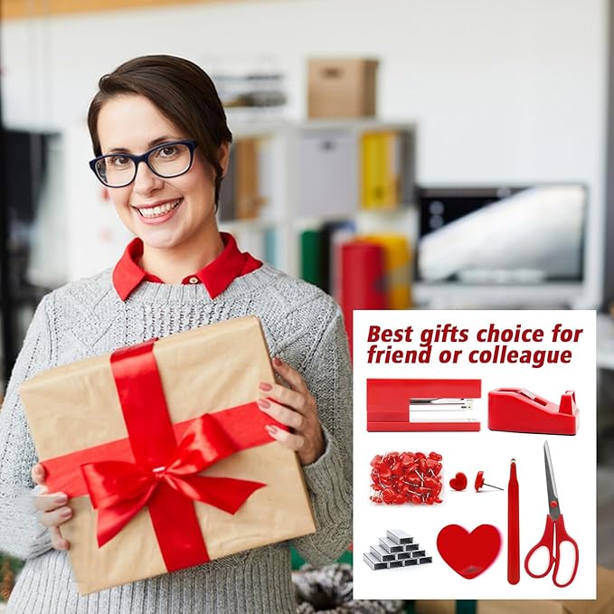 Red Stapler and Tape Dispenser Set - Office Accessory Kit, Gift for Students, Women, Coworkers, Boss Lady, Office Clerks